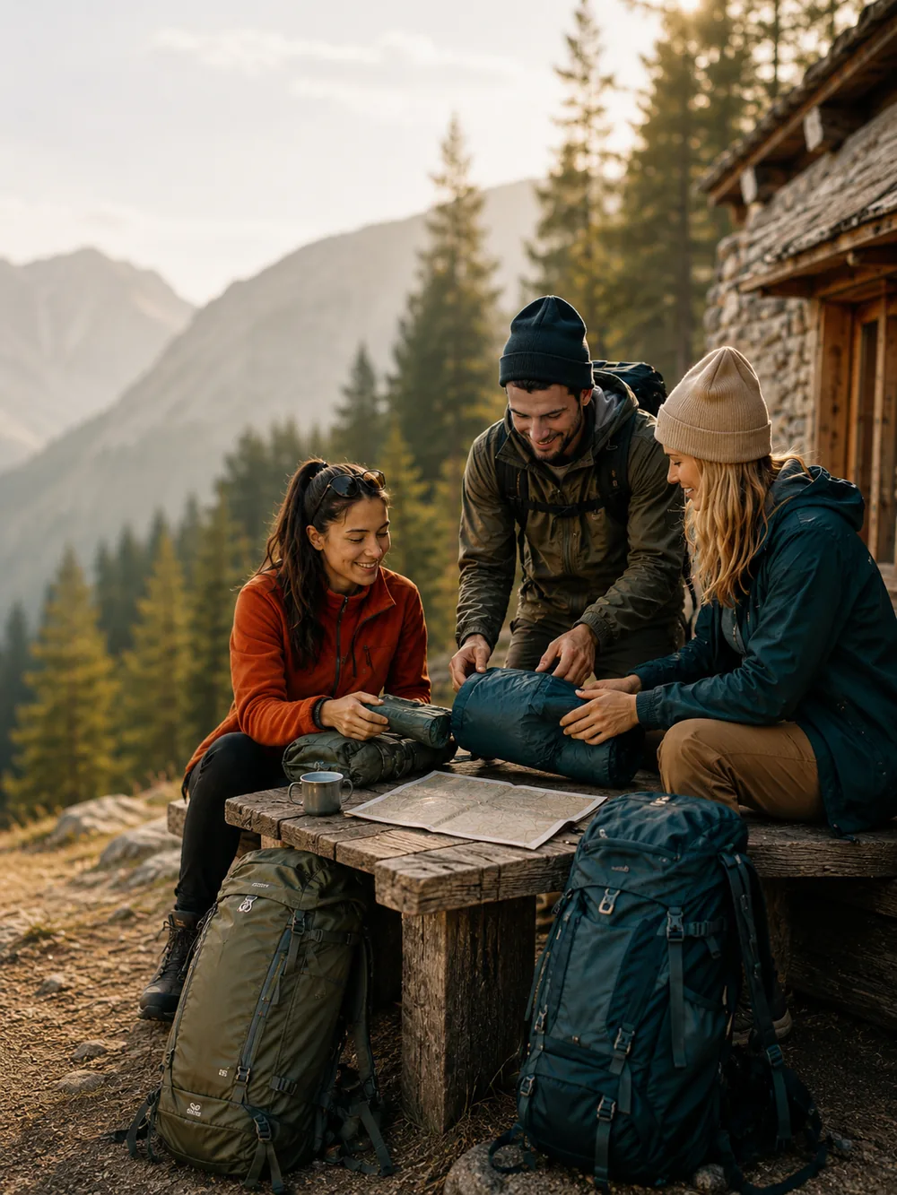 Dos excursionistas mirando un mapa con la montaña al fondo
